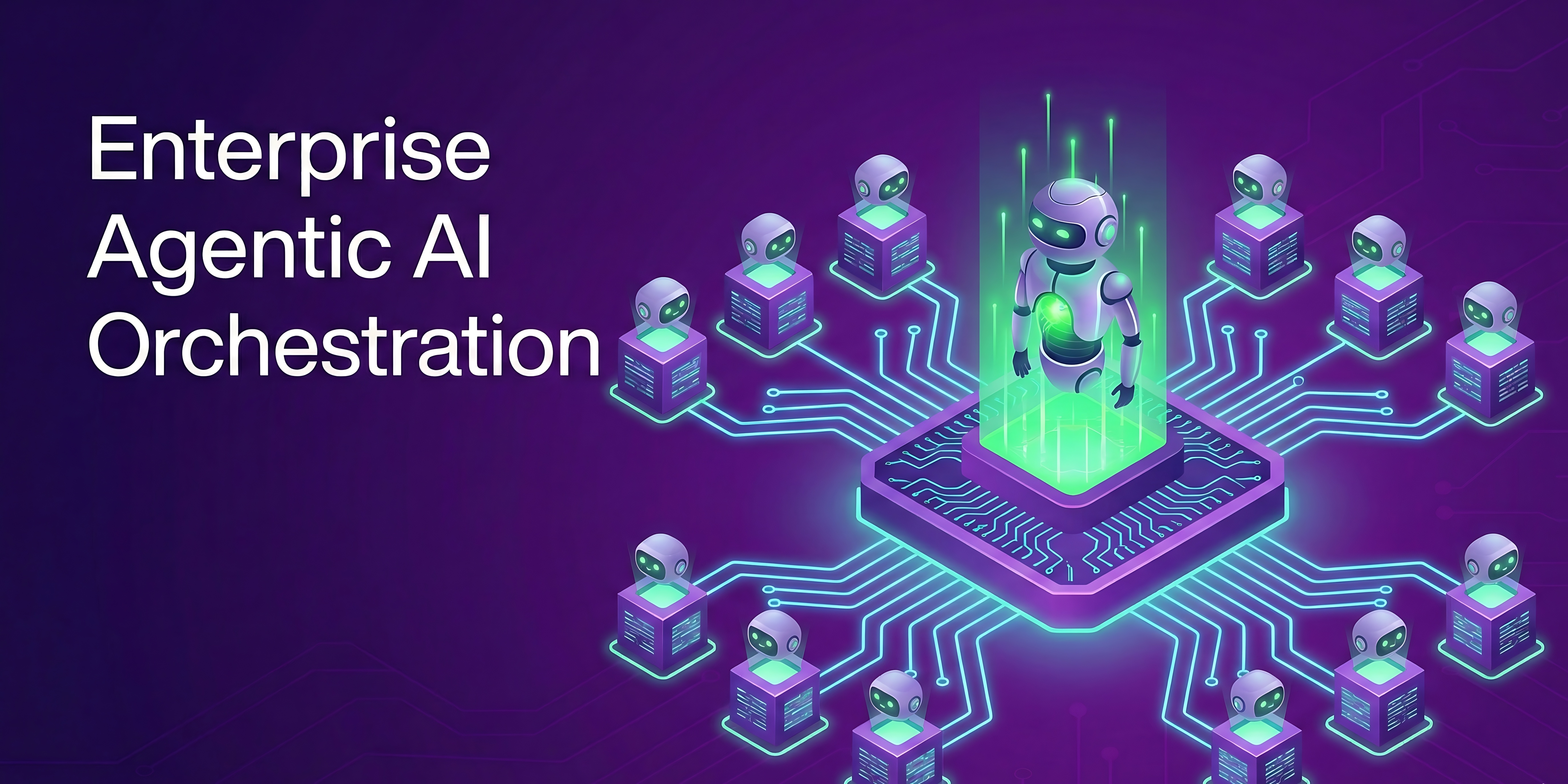 Isometric illustration of many AI agents connected to a central orchestration chip