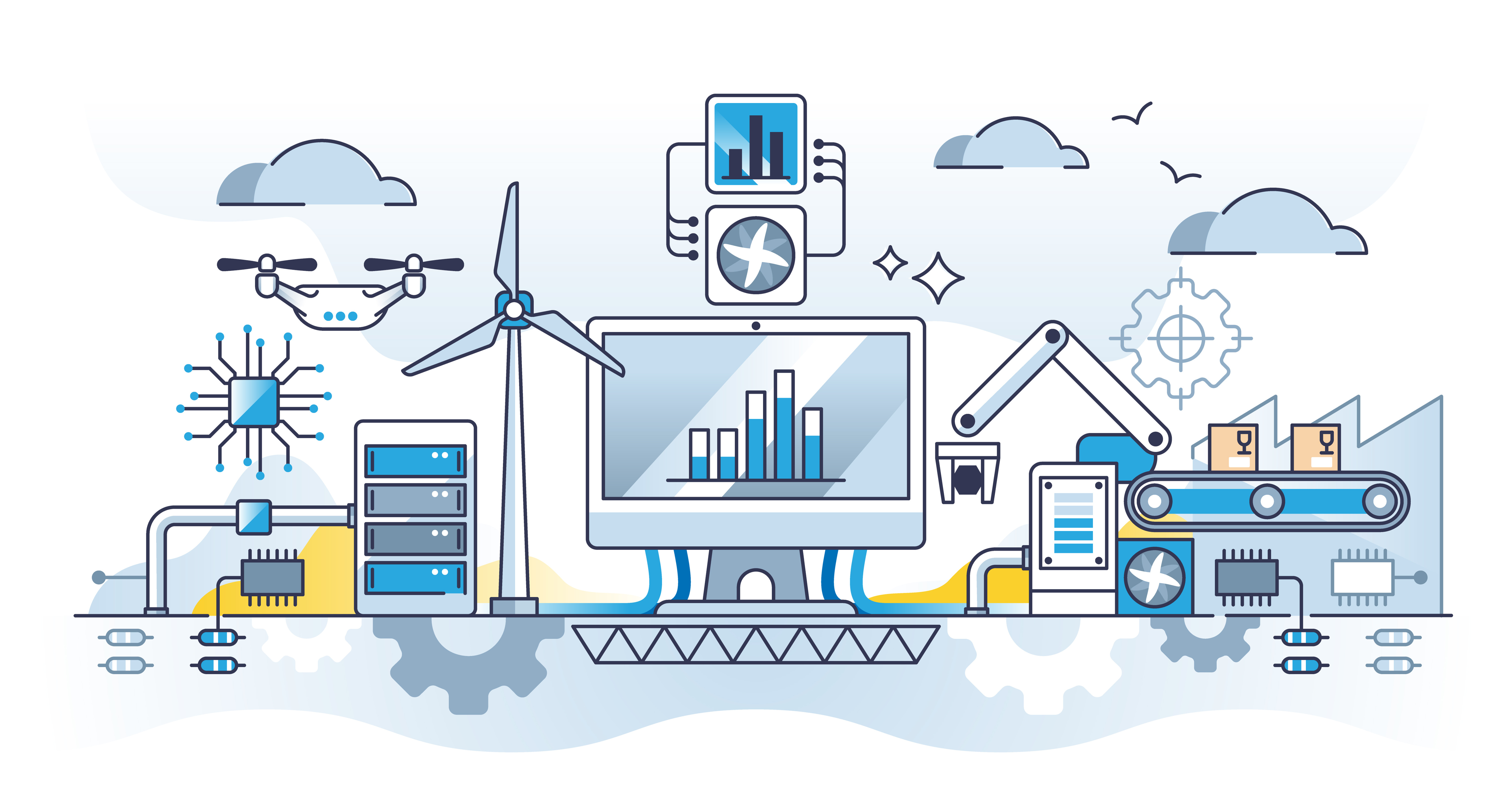 Illustration of a physical AI system: drones, robotic arms, sensors, conveyor lines, and an analytics dashboard